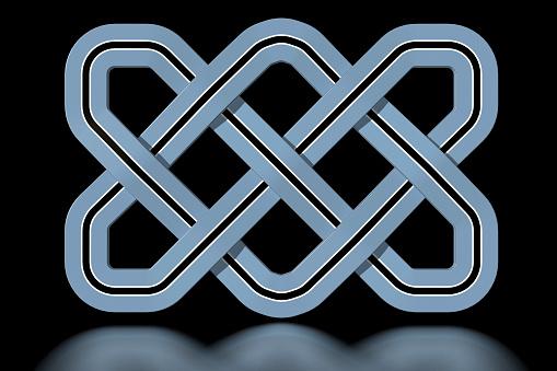 Simple Celtic knot in the colours of the Batswana national flag (blue over black with white trim). The starting colours are accurate, as officially specified. This is a render of a model where the cross-overs between the strands happen in 3D, as they would be in an actual knot. This is why each cross-over generates a shadow, and the object casts a reflection. This file comes with a clipping path that will isolate the knot from its background.
