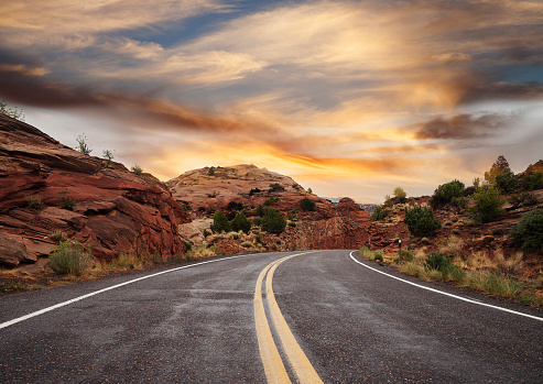 Empty Country Road at sunset, Utah, USA
