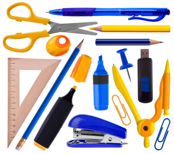 Office or school supplies set isolated on white Office or school supplies set isolated on white - stationery icon set wooden flash drive stock pictures, royalty-free photos & images