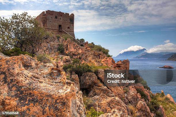 Colorful Coastal View With A Stone Tower In Corsica France Stock Photo - Download Image Now