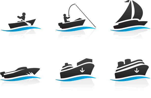 Boat icons Set of boat icons. Includes transparent PNG, and a version without the reflection. rowing boat fishing stock illustrations