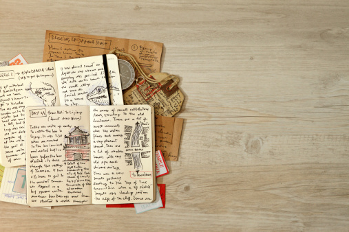 Handwritten travel diary and journal with drawings, reports and memories, stories about adventurous journeys with maps, directions and notes. Compass, tickets, tags and other travel items. On a wooden background with copy space on right side.