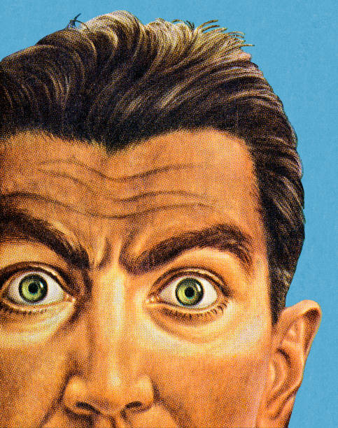 ilustraciones, imágenes clip art, dibujos animados e iconos de stock de hombre de ojos anchos - color image colored background close up human face