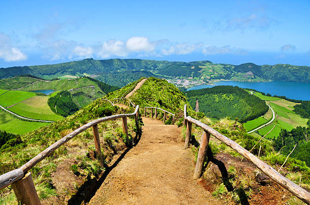Path at the sky Hiking path along the crater lakes of Sao Miguel sao miguel azores stock pictures, royalty-free photos & images