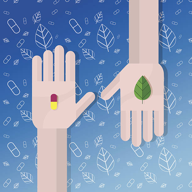 illustrazioni stock, clip art, cartoni animati e icone di tendenza di medicine contro natura - herbal medicine recovery herb human hand