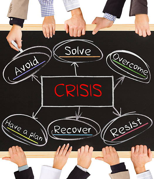 Crisis concept Photo of business hands holding blackboard and writing Crisis schema debt recovery stock pictures, royalty-free photos & images