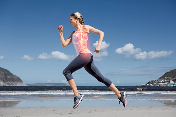 Highlighted back bones of jogging woman on beach Digital composite of Highlighted back bones of jogging woman on beach spine stock pictures, royalty-free photos & images