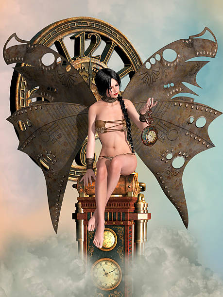 Fantasy landscape Fantasy landscape with big clock and fairy steampunk woman stock illustrations