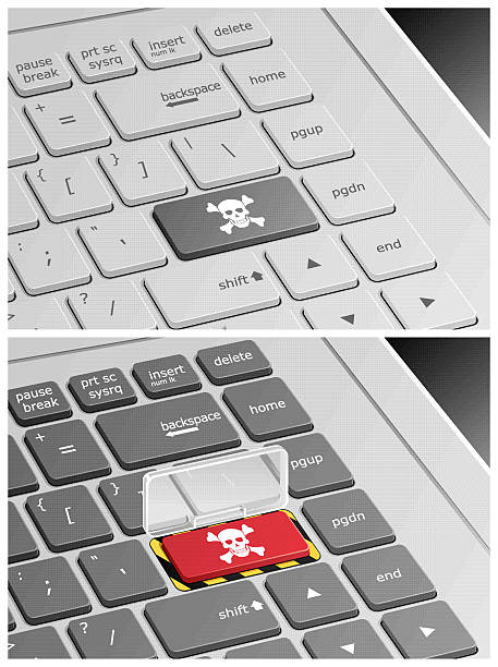 ilustrações, clipart, desenhos animados e ícones de teclado de laptop com botões de pirata - hacked laptop cracked computer bug
