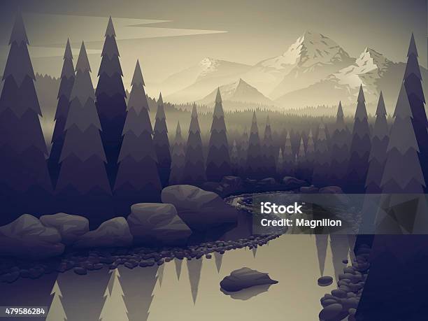 Ilustración de Paisaje De Bosque Al Río Y Las Montañas y más Vectores Libres de Derechos de Paisaje no urbano - Paisaje no urbano, Montaña, Blanco y negro