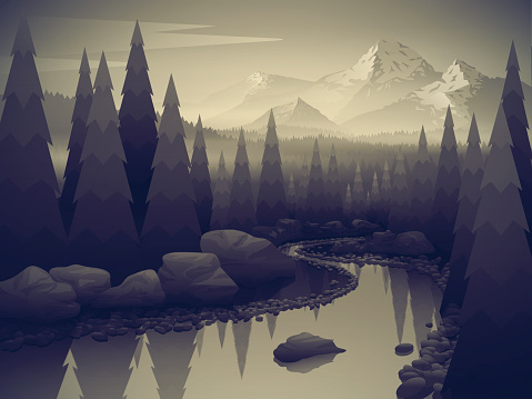 Beautiful landscape with forest river and mountains. Black and white style. BW style. Vector illustration.