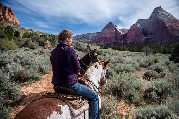 passeios a cavalo no parque nacional de zion - horseback riding cowboy riding recreational pursuit - fotografias e filmes do acervo