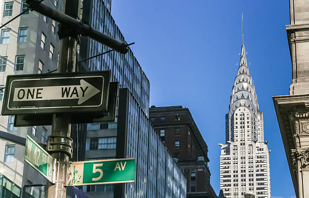 ニューヨーク市の道路標識とクライスラービル - chrysler building ストックフォトと画像