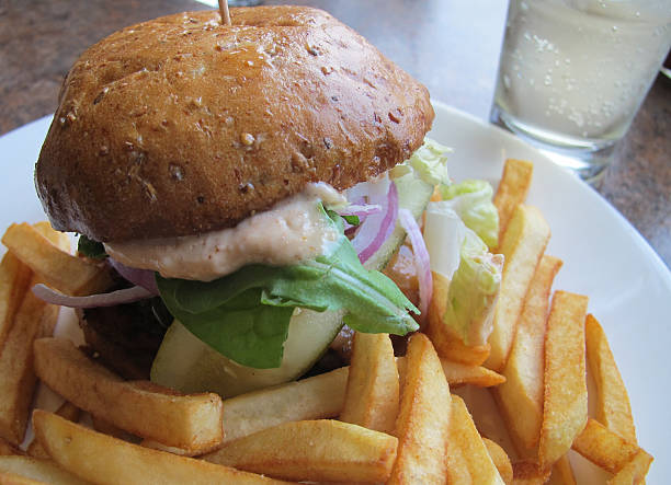 Classic Beef Burger with Fries; Close-up