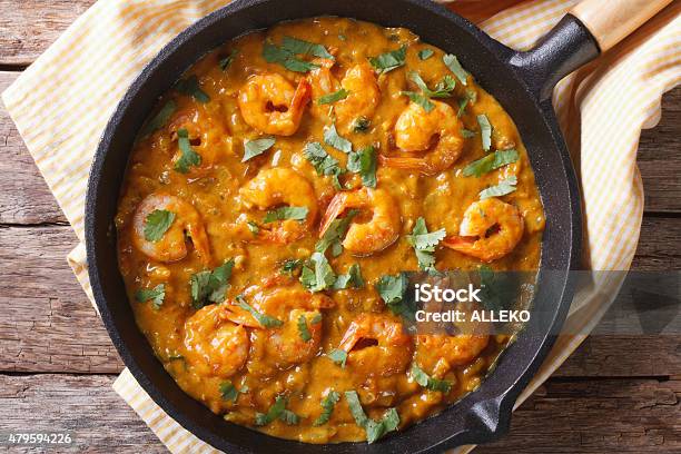 Shrimp In Curry Sauce In Pan Closeup Horizontal Top View Stock Photo - Download Image Now