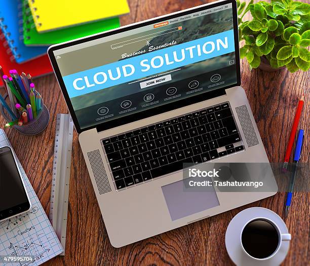 Cloud Solution Concept On Modern Laptop Screen Stock Photo - Download Image Now - 2015, Business, Connection