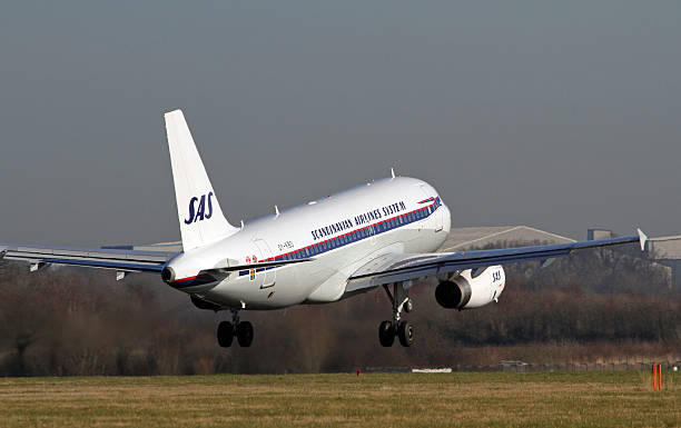 scandinavian airlines sistema airbus a319 aterrizaje del aeropuerto de manchester. - airbus named airline horizontal airplane fotografías e imágenes de stock