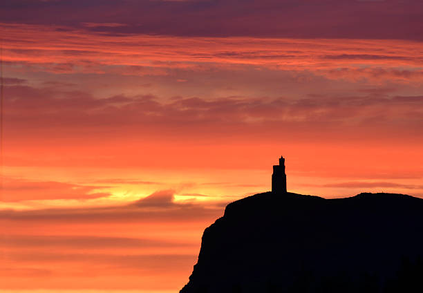 Vivid Sunset colours with silhouette of Milner Tower on Brada Head, Isle of Man, UK