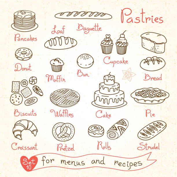 Set drawings of pastries and bread for design menus, recipes Set drawings of pastries and bread for design menus, recipes and packages product. Vector Illustration. Tart stock illustrations