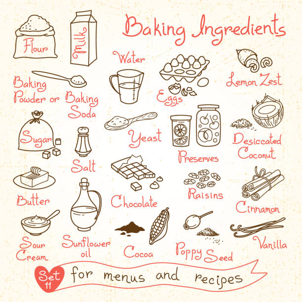 set drawings of baking ingredients for design menus, recipes - baking stock illustrations