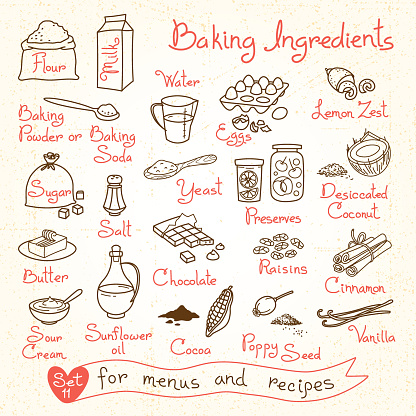 Set drawings of baking ingredients for design menus, recipes. Vector Illustration.