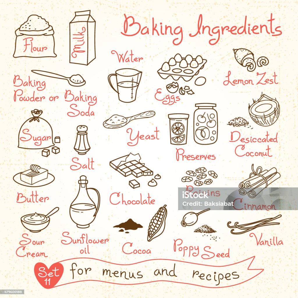 Set drawings of baking ingredients for design menus, recipes Set drawings of baking ingredients for design menus, recipes. Vector Illustration. Ingredient stock vector