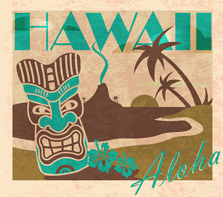Retro revival Summer Tiki Bar party celebration postcard advertisement design template. Cute and bright design which includes sample Aloha text design,sunset palm trees, volcano, oasis, tiki statue, and hibiscus flower. Turquoise, brown and  green color scheme.  Easy to edit with layers. Vector illustration. Lot's of texture and vintage Hawaiian style.