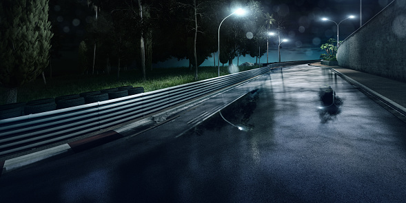 A curving mountain road at night. The road takes up almost the entire width of the bottom of the image. It curves to the right and back to the left before disappearing from sight.  Grass and trees on the both sides of a road.  All done in CGI.
