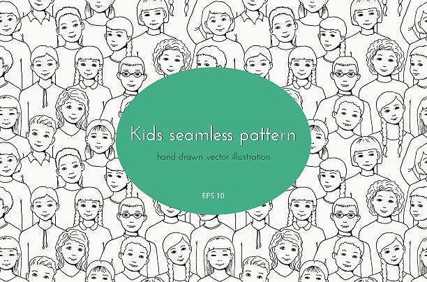 seamless pattern with image of a group girls and boys seamless pattern with the image of a group of children, teens, girls, boys with different hairstyles. graphic hand drawn illustrationseamless pattern with the image of a group of children, teens, girls, boys with different hairstyles. graphic hand drawn illustration short human hair women little girls stock illustrations