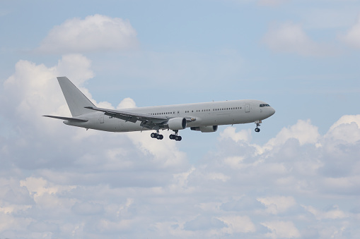 New Boeing 767 300 ER Airliner unpainted, landing