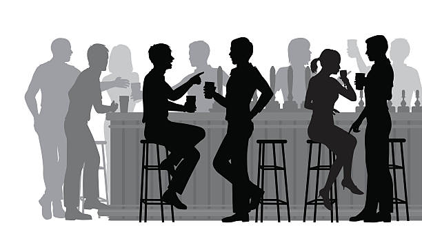 Busy bar EPS8 editable vector cutout illustration of people drinking in a busy bar with all figures as separate objects pub illustrations stock illustrations