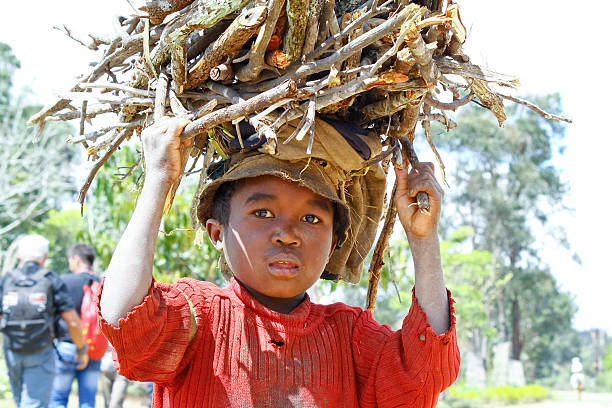 Poor malagasy boy carrying  branches on his head Poor malagasy boy carrying  branches on his head - poverty sahel stock pictures, royalty-free photos & images