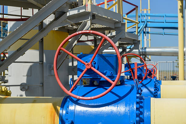 istock Handle gate valve with steel pipe on gas compressor station 479608788