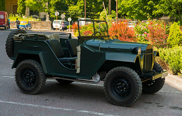 Old retro car GAZ- 67 Lviv, Ukraine - June 12, 2015:Old retro car GAZ - 67 exhibited for participation in festival Leopolis grand prix 2015, Ukraine. jeep 4x4 off road vehicle world war ii stock pictures, royalty-free photos & images