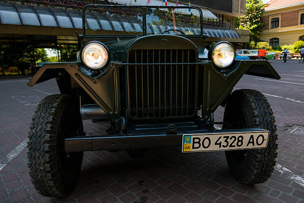Old retro car GAZ- 67 Lviv, Ukraine - June 12, 2015:Old retro car GAZ - 67 exhibited for participation in festival Leopolis grand prix 2015, Ukraine. jeep 4x4 off road vehicle world war ii stock pictures, royalty-free photos & images
