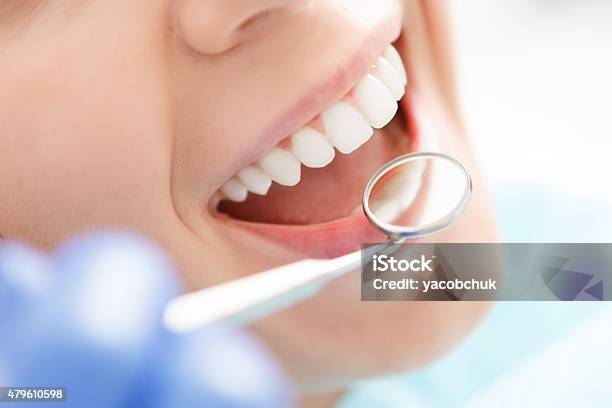 Closeup Of Woman Having Her Teeth Examined Stock Photo - Download Image Now - Dentist, Dental Health, Healthcare And Medicine