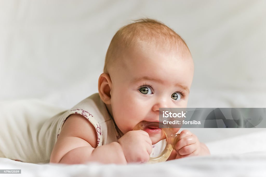 Baby girl on her stomach with teether in the mouth Six-month baby girl on her stomach with teether in the mouth Baby - Human Age Stock Photo