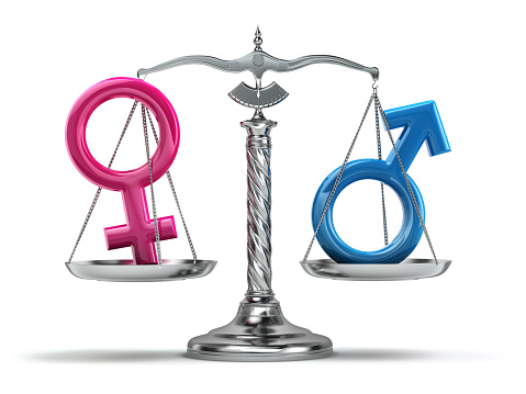 Gender equality concept. Male and female signs on the scales isolated on white. 3d