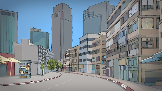 Colorful drawing of street with buildings  - Sketch of Ramat-Gan city space - Israel