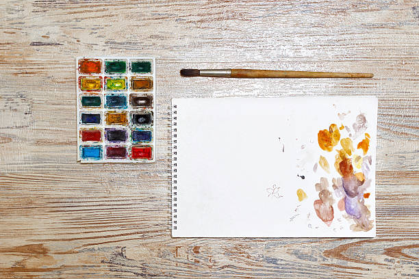 istock Paints, brushes and sketch pad. School drawing. 479621930