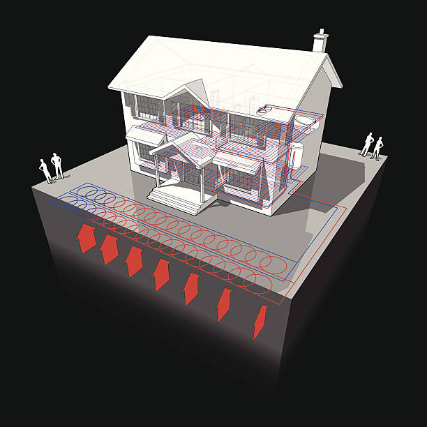 ilustrações, clipart, desenhos animados e ícones de chão-fonte de bomba de calor diagrama - architecture three dimensional geothermal power station three dimensional shape