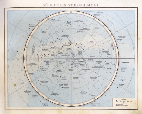 Vintage chart of the southern sky from a german atlas. Andrees Handatlas, Bielefeld und Leipzig, 1890., second edition.