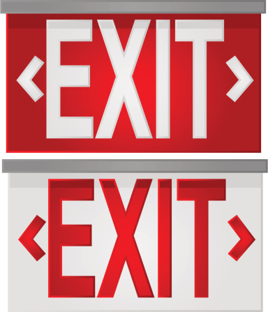 Glossy illustration showing a white exit sign over red, and a red exit sign over white