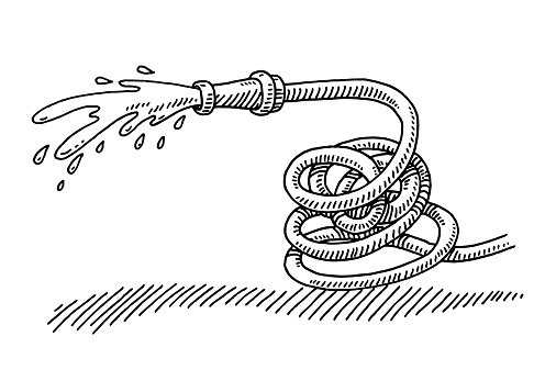 Hand-drawn vector drawing of a Splashing Hosepipe, Gardening Equipment. Black-and-White sketch on a transparent background (.eps-file). Included files are EPS (v10) and Hi-Res JPG.