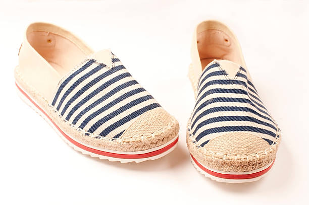 istock Pair of beige espadrilles with blue and red pattern 479628990