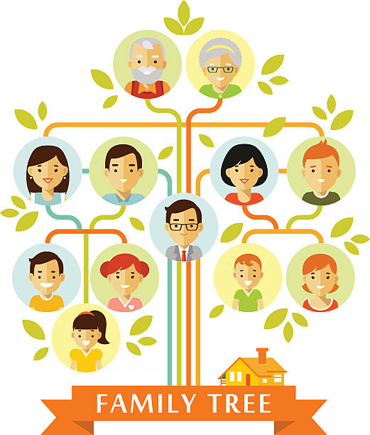 illustrazioni stock, clip art, cartoni animati e icone di tendenza di albero genealogico con facce in stile piatto - albero genealogico