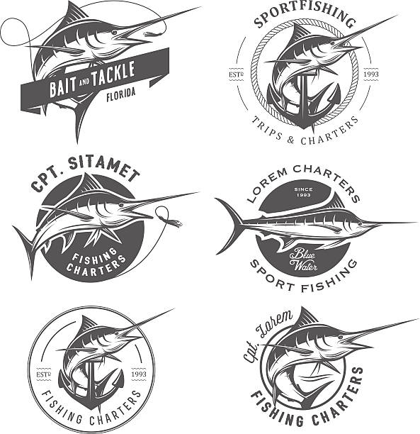набор marlin рыбалка эмблемами, значки и элементы дизайна - swordfish stock illustrations