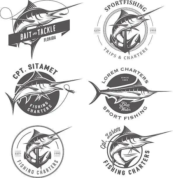 Vector illustration of Set of marlin fishing emblems, badges and design elements