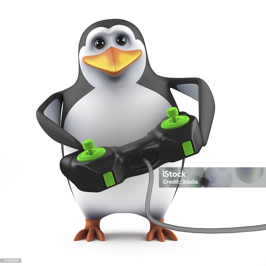 3d Penguin video gamer 3d render of a penguin holding a videogame console controller Animal Stock Photo