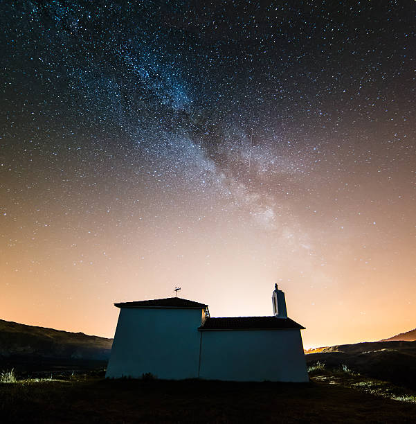 istock Milky way over little chapel 479631828